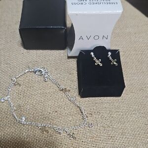 Avon Two-Tone Cross Bracelet with Matching Cross Stud Earrings - Silver and Gold